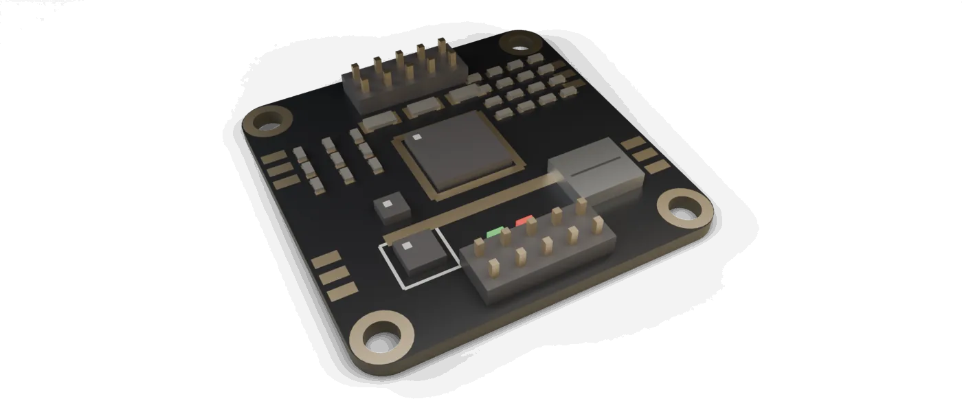 Square flight-controller board with a corner mounting pattern, stacking headers on two edges and motor output pads along each side