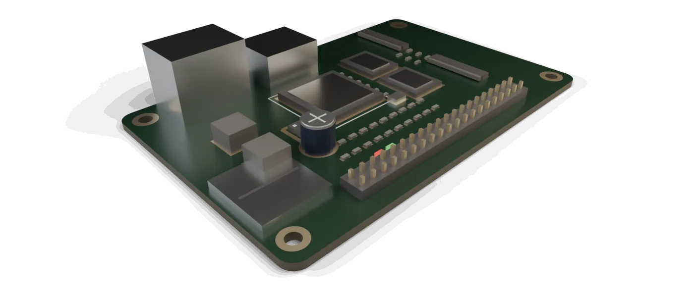 Single-board-computer layout: large processor package flanked by memory, Ethernet and USB shells, a card socket, ribbon connectors and a GPIO header