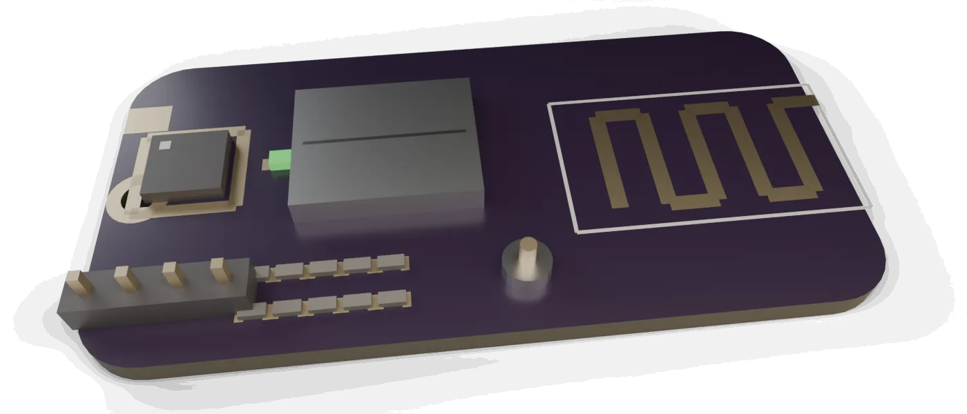 Slim radio board with a meandered PCB antenna in its keep-out at one end and a shield can alongside