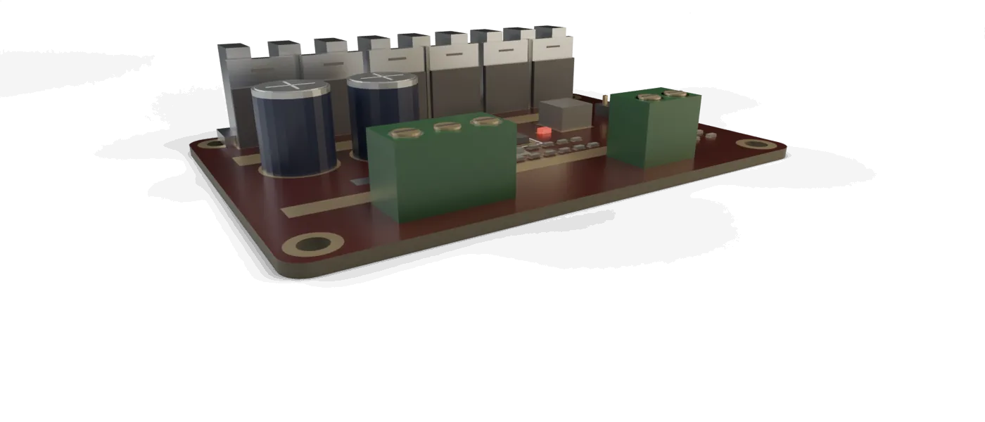 Motor drive board with six upright switching transistors under a finned heatsink along the back edge, bulk capacitors and phase terminals