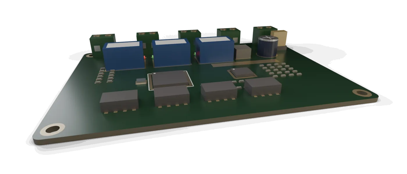 Industrial controller board with a row of screw terminals along the back edge, a strip of status indicators, and relays behind the logic section
