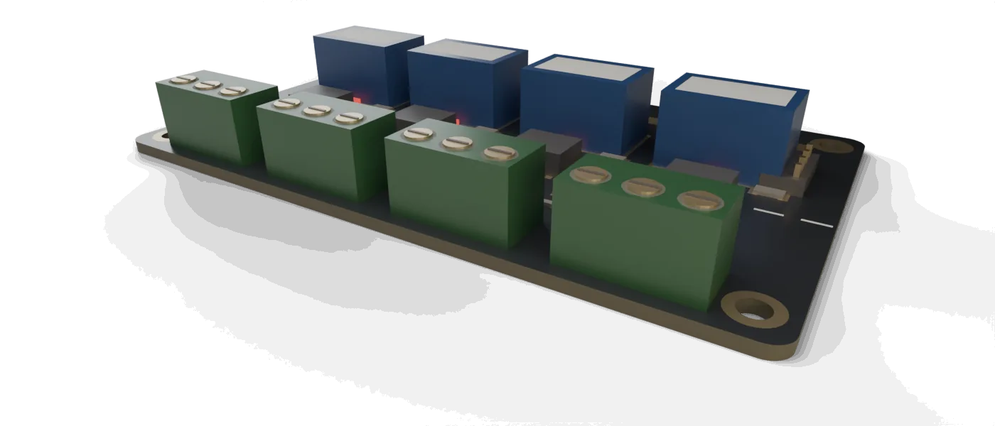 Automation board with four sealed relays above a rank of screw terminals, one indicator per channel, isolation gap between the two halves