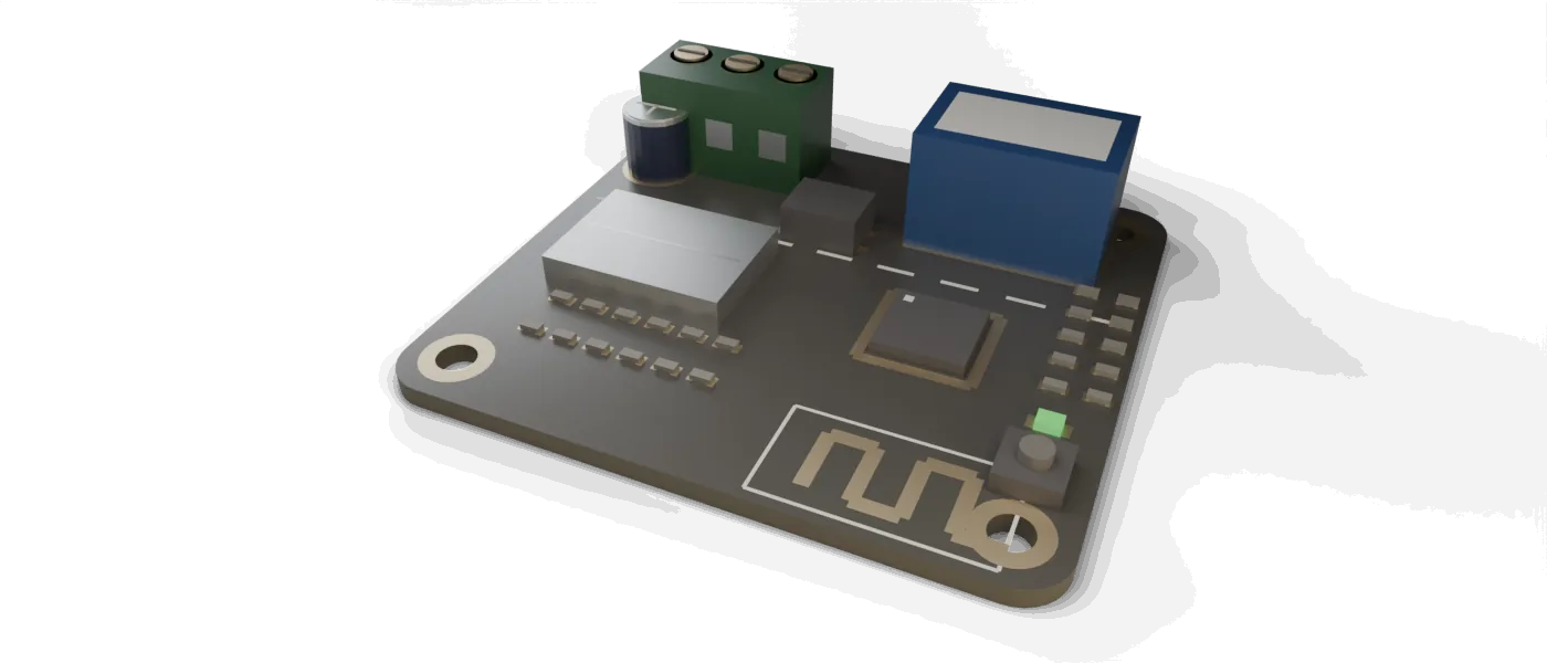 Home automation board with a shielded wireless module, PCB antenna, a button, one relay channel and mains screw terminals