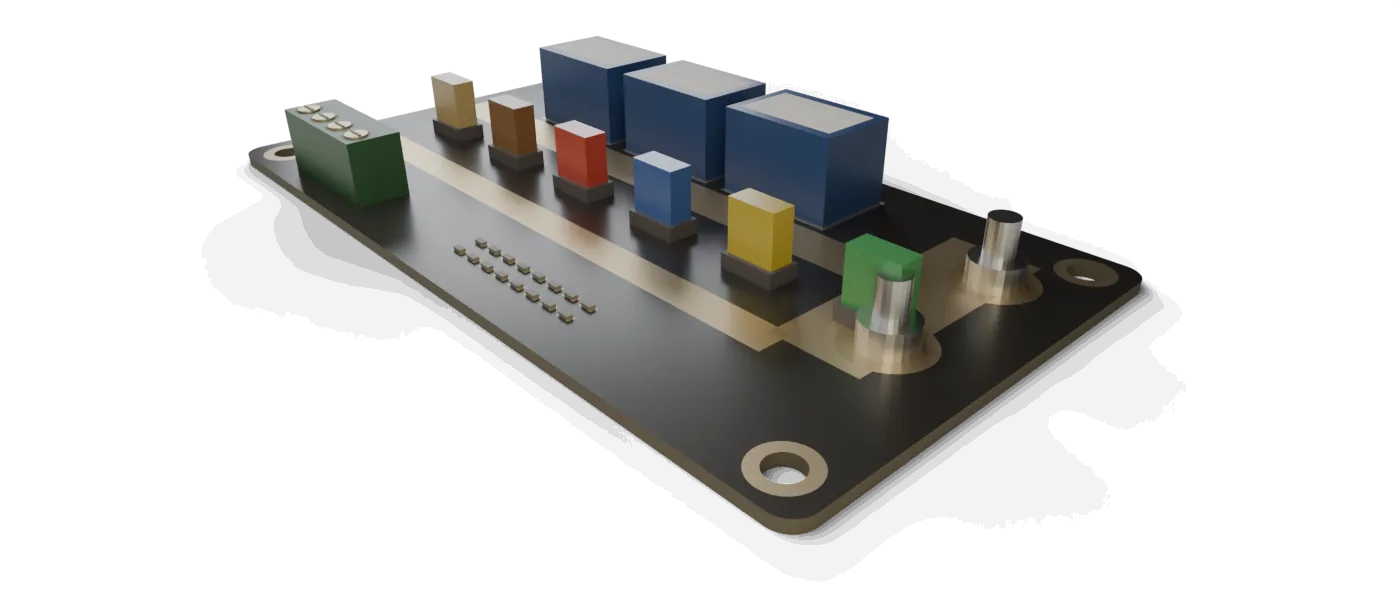 Automotive distribution board with a row of colour-coded blade fuses on wide copper bus bars, relays behind and threaded studs